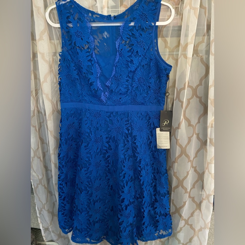 NWT Adrianna Papell Illusion Floral Lace Fit & Flare Dress Blue SZ 14